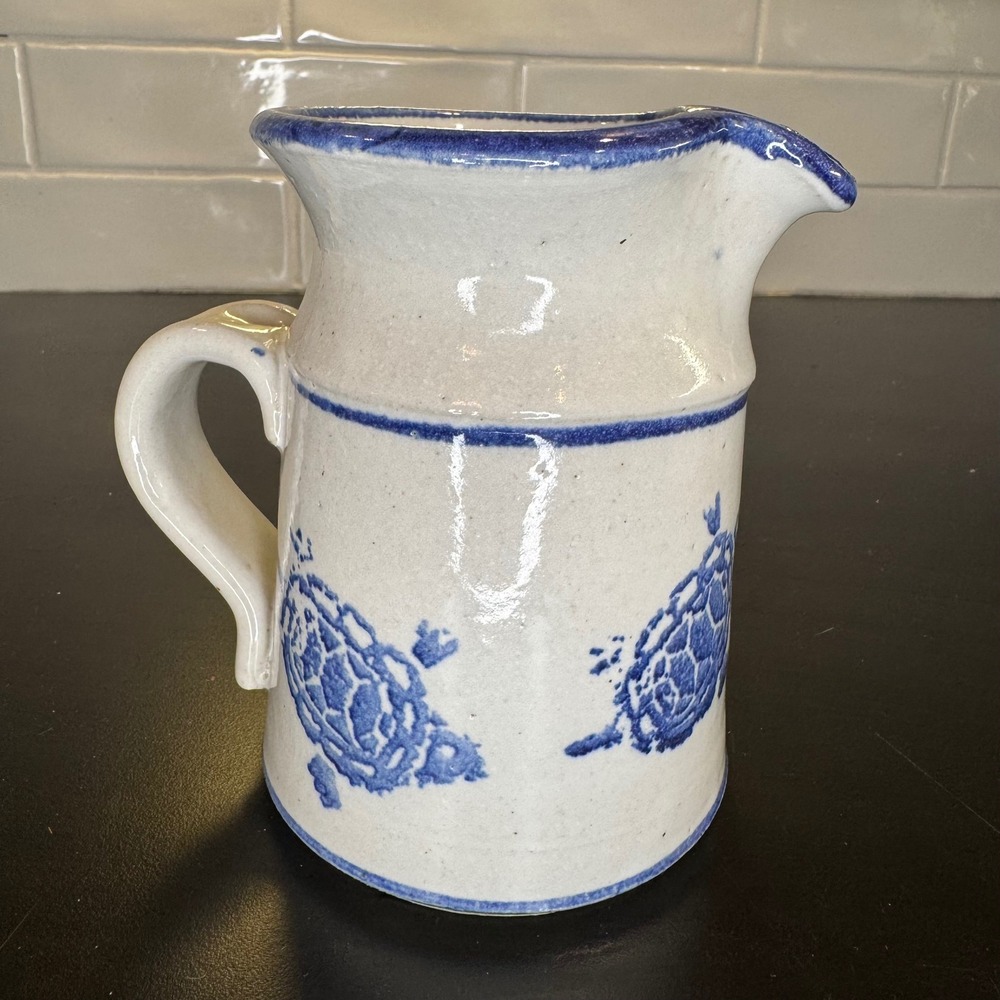 Handcrafted Pitcher Small Cream Blue Sea Turtle Coastal Stoneware 5in
